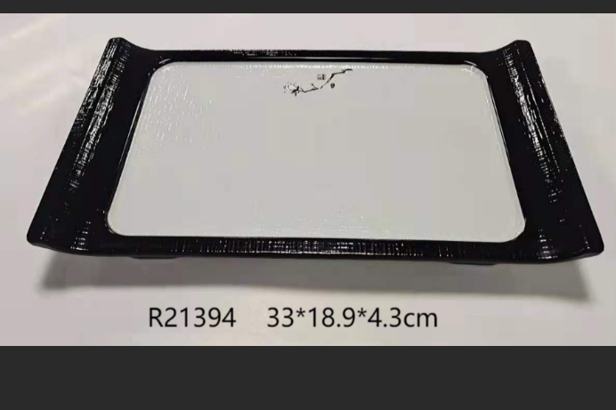 布纹黑白 R21394  13寸木纹长方翘盘   (海棠花)