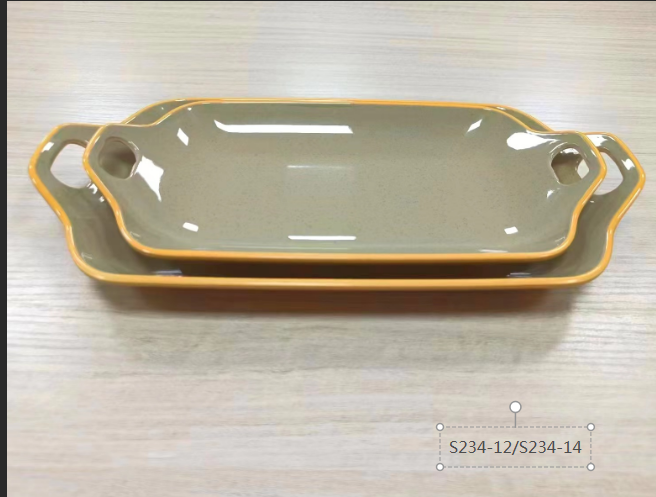 土黄喷点+土陶喷点双色加金S234-12  12寸14寸长方双耳盘